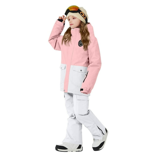 Conjunto de dos piezas de poliéster para niñas, con capucha y manga larga, para invierno, grueso, impermeable, resistente al viento y cálido, con capucha y pantalones de manga larga.
