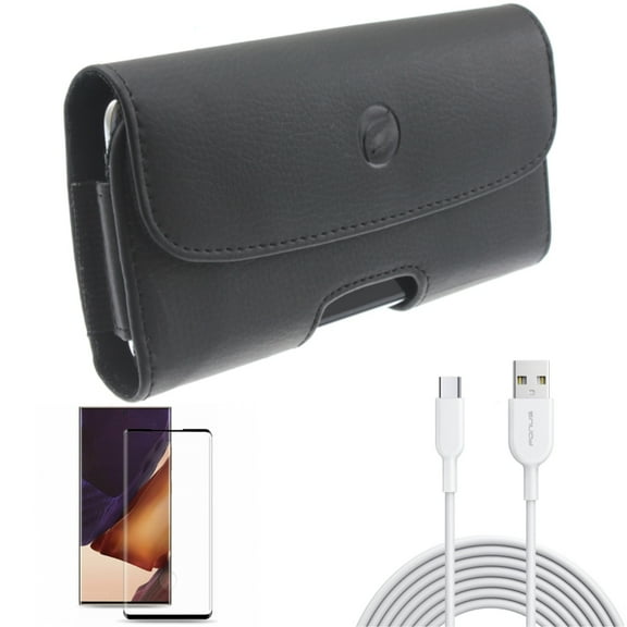 Case Belt Clip & 6ft USB-C Cable & Screen Protector for Samsung Galaxy Note 20 Ultra (6.9") - Combo with Leather Holster & Type-C Fast Charger & Tempered Glass (Fingerprint Unlock)