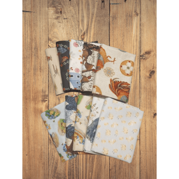 10 Fat Quarters - Assorted Chickens and Roosters Theme Fat Quarter Cotton Bundle