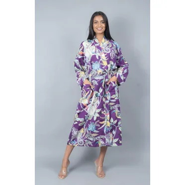 Wellnow Women's Cotton Printed Kimono Bathrobe, Purple 1-Pack