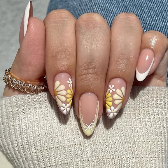 French Tip Press On Nails Spring Summer Acrylic Nails for Women - Yellow Flower Designer Fake Nails Medium Almond 24Pcs, Outdoor Picnic/Wedding/Party Reusable Glue On Stick On Nails