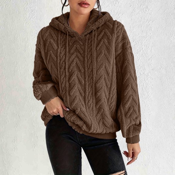 Pounoo Womens Sweatshirts Hooded Drawstring Long Sleeve Chevron Embossed Fuzzy Sherpa Bubble Cuff Solid Pullover Hoodie Loose Fit Warm Winter Womens Tops