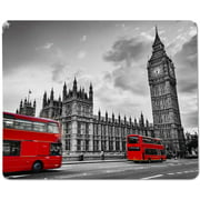 Yeuss British Landmark Rectangular Non-Slip Mousepad London, England. Red Bus and Big Ben in Palace of Westminster in