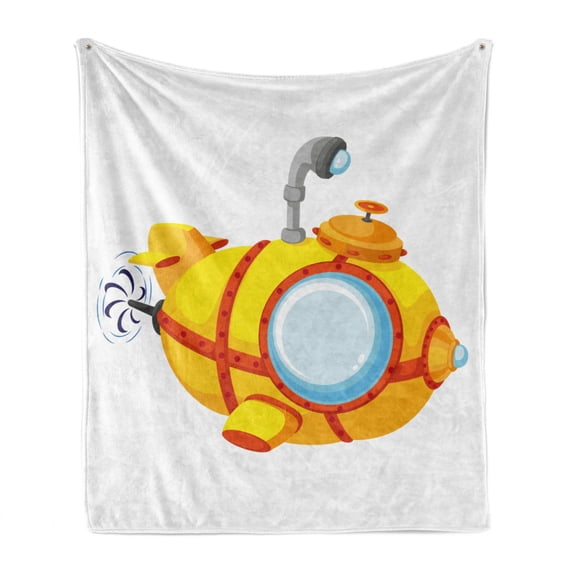 Yellow Submarine Soft Flannel Fleece Throw Blanket, Illustration of a Bathyscaphe in Cartoon Style Design Print, Cozy Plush for Indoor and Outdoor Use, 50" x 70", Pale Yellow and Orange, by Ambesonne