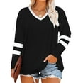 thumbnail image 2 of Spring Fall Women's Long Sleeve V-neck Casual Shirt Stripe Sleeve Loose Plus Size Tops, 2 of 5