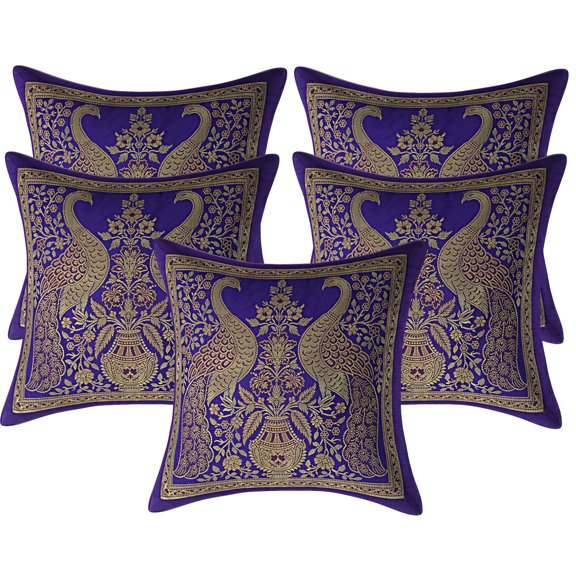 Stylo Culture Indian Decorative Royal Blue And Gold Sofa Pillow Cases Peacock Floral 12x12 Jacquard Weave Banarasi Throw Pillow Covers Brocade 30x30 cm Cushion Covers (Set Of 5)