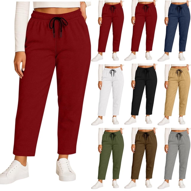 Pincandy Women's Plus Size Solid Color Fashion Elastic Waist Corduroy Wide Leg Pants with Pockets, Loose Fit, Casual & Daily Wear