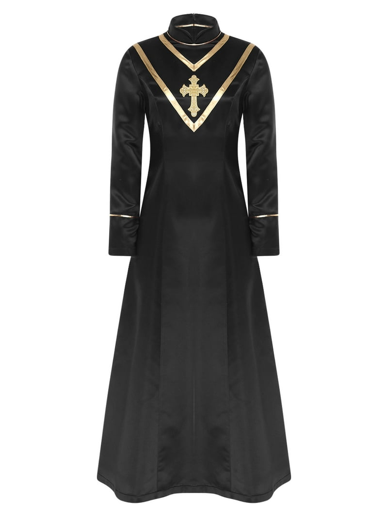 Choomomo Women Minister Preacher Church Clergy Robe Long Sleeve Cross Metallic Shiny Tunic Dress for Performance Black S, Women's, Size: Small, Brown