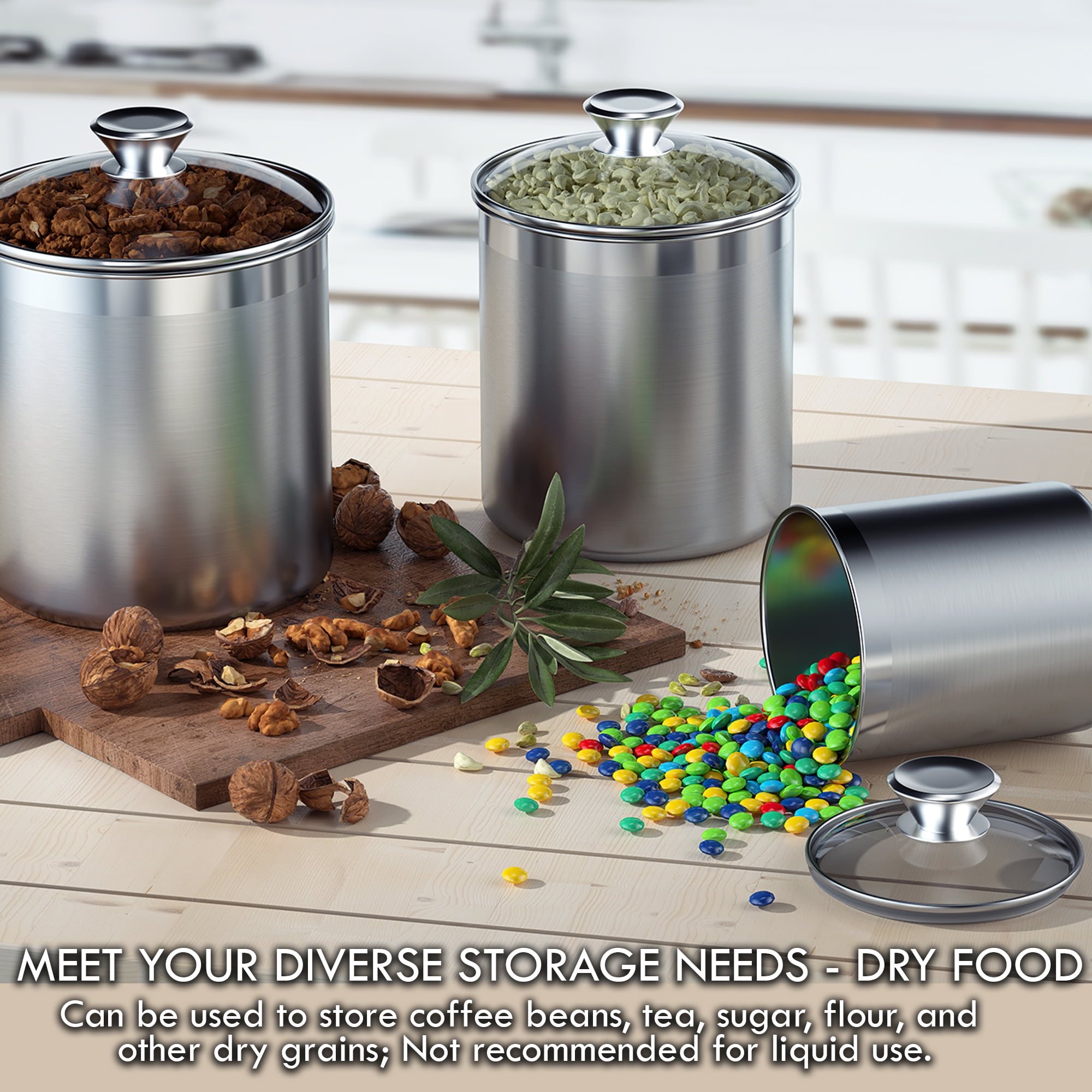 Cooks Standard Classic Stainless Steel Food Jar Storage Canister Set Large, Airtight Containers with Glass Lid for Tea Coffee Sugar Flour Pantry Kitchen Counter, 4-Piece