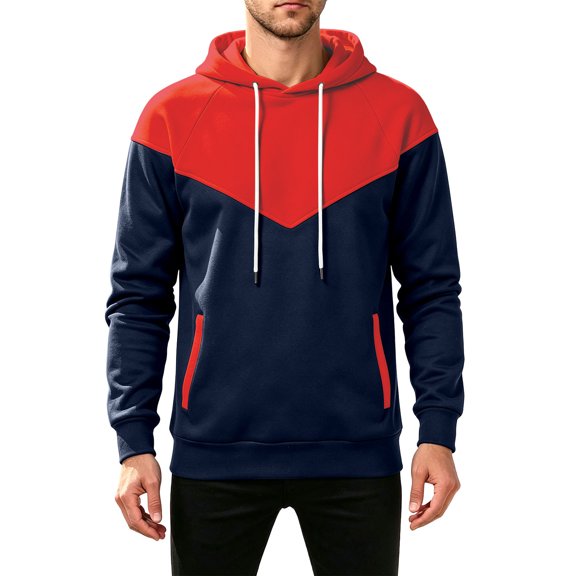 Qgtaibl Mens Hooded Pullover Casual Color Block Drawstring Hoodie with Pockets Soft Loose Fit Streetwear Long Sleeve Sweatshirt Red M