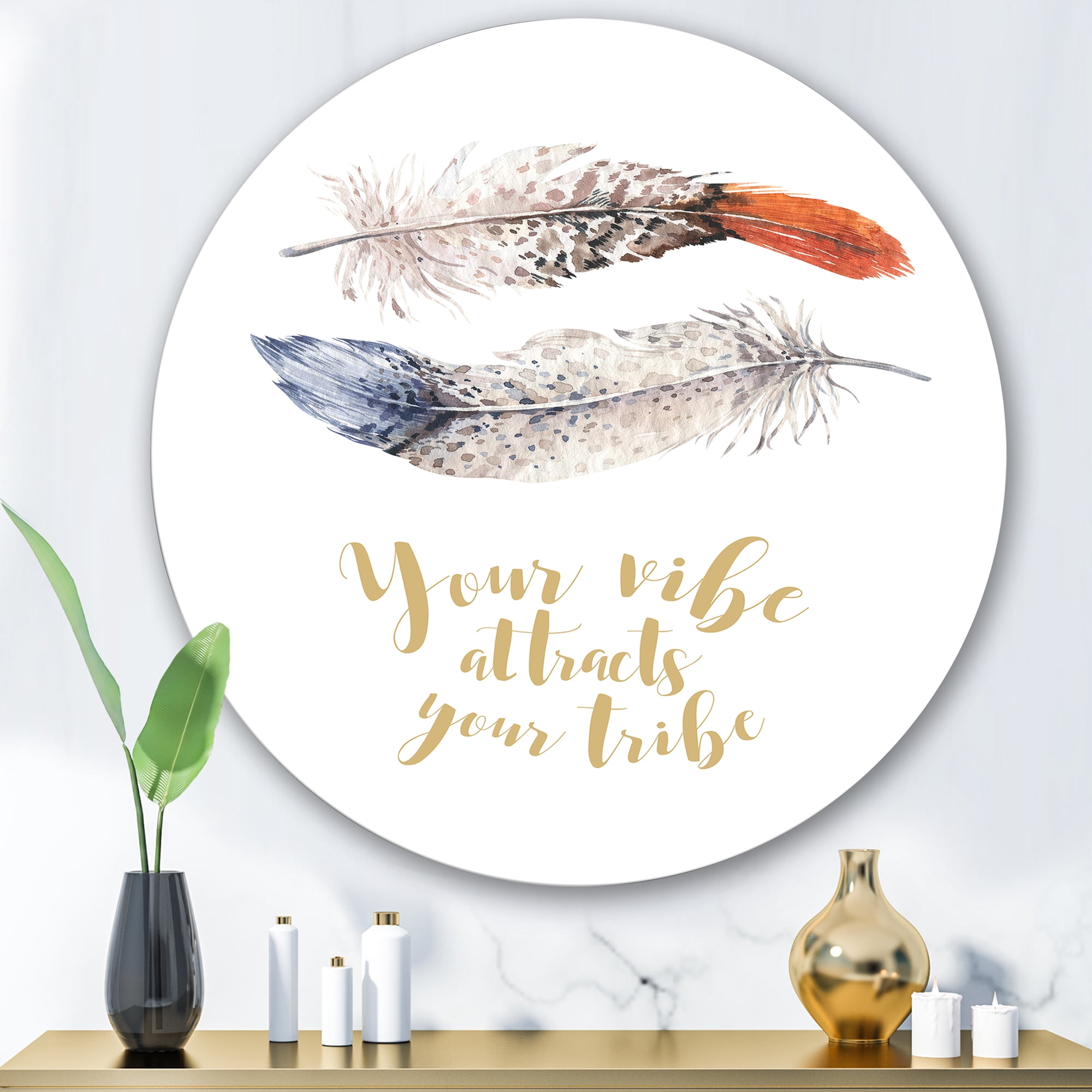 Designart 'Your VIbe Attracts Your Tribe Two Feathers ' Bohemian & Eclectic Circle Metal Wall Art 36x36 - Disc of 36
