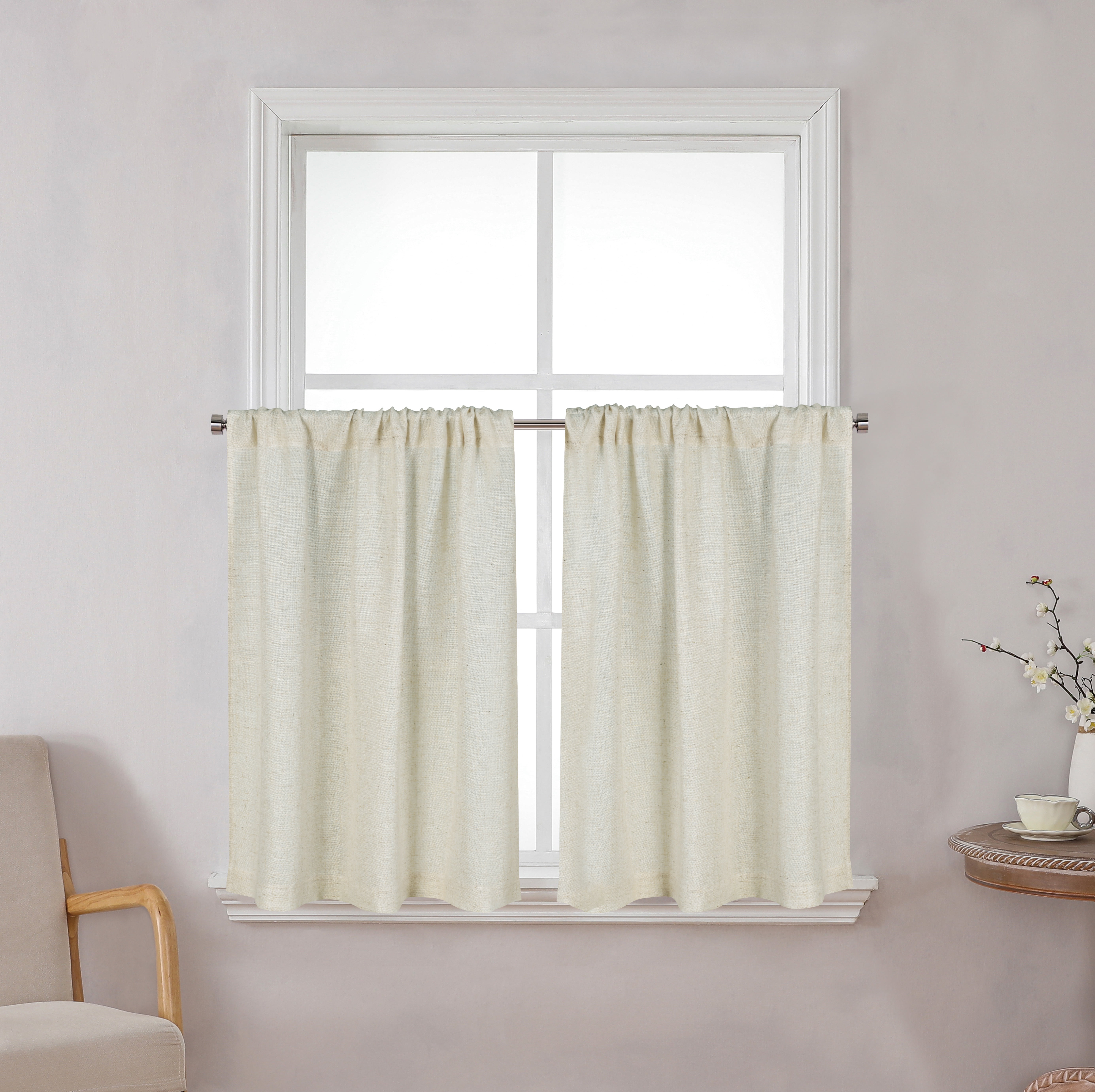 Better Homes & Gardens Linen Blend Light Filtering Rod Pocket Kitchen Curtain Tiers and Valance Set, 3 Panels, Papyrus Beige, 60 x 36 in