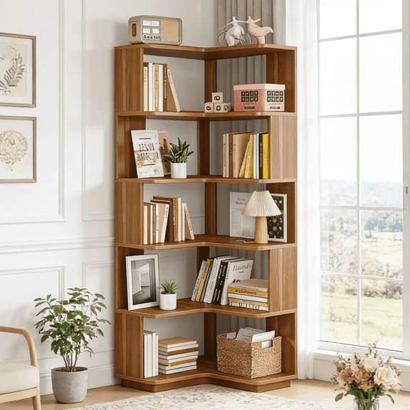 Fnova 64.9" 6 - Tier Industrial Corner Bookshelf， Modern Wood L-Shaped Bookcase with Anti-Tip, Freestanding Corner Display Shelf Storage Organizer