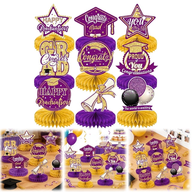 Graduation Honeycomb Table Centerpieces Set, Congrats Grad Decorations, Honeycomb Centerpieces for Graduation Party, B