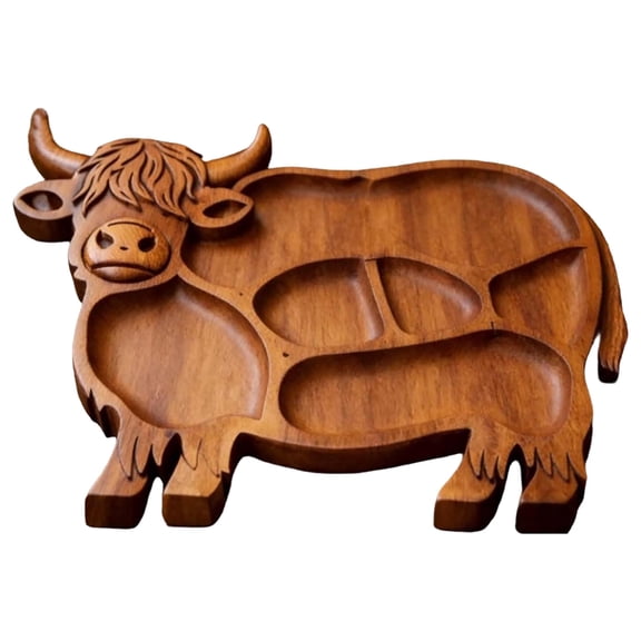 Highland Beef Wood Deli Platter, Rustic Farmhouse Style, Made of Natural Solid Wood, with Dividers for Cheese, Meat And Snacks.