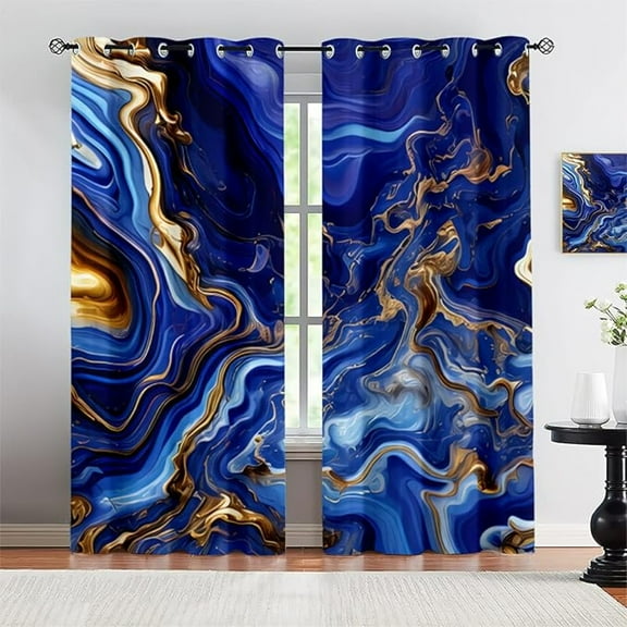 Nordic Luxury Blackout Curtains, Abstract Blue Gold Marble Texture Window Curtains, Privacy Grommet Drapes For Living Room Kitchen Bedroom Apartment Bathroom 26"W x 45"L (Pack of 2)