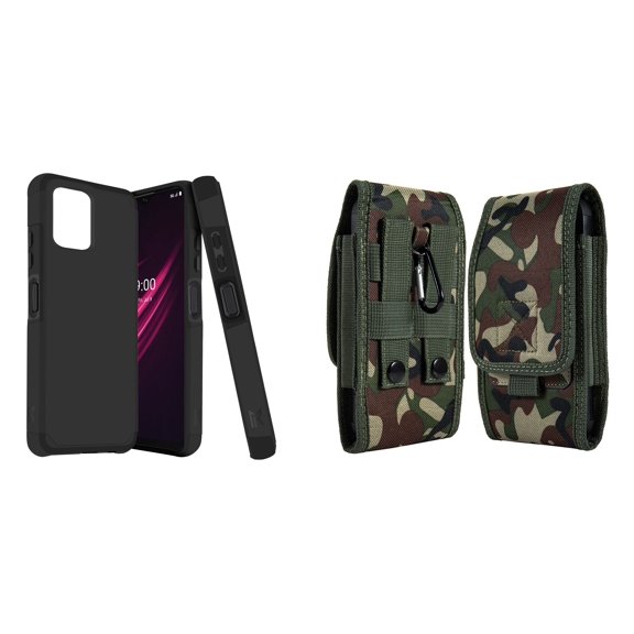 Case and Pouch Bundle for REVVL 6 5G: Dual Layer Slim Case (Black) and Vertical Rugged Nylon Belt Holster (Green Camo)