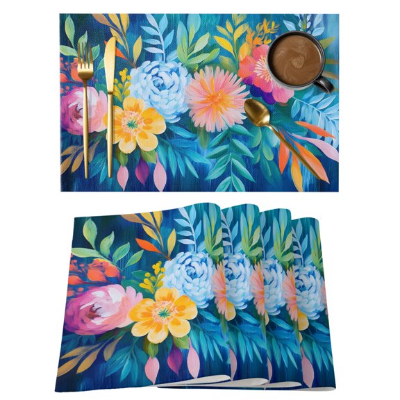 Floral Symmetry Placemats Set of 12, Rustic Vintage Green Pink Blue Tropical Leaves Botanical Non-Slip Place Mats Washable Table Mats for Kitchen Dining Table Decorations Indoor/Outdoor