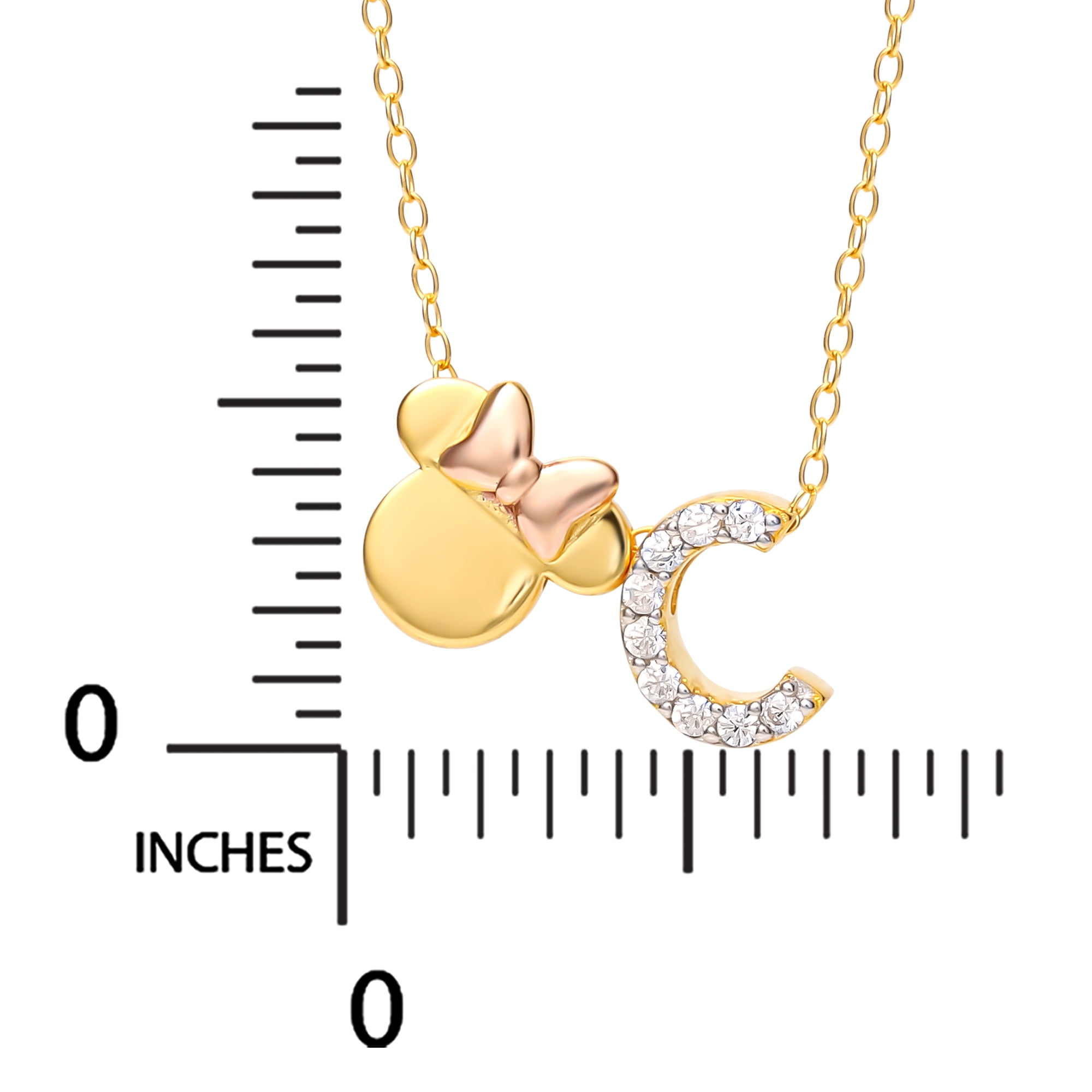 Disney Minnie Mouse Sterling Silver Gold Plated Cubic Zirconia Initial Pendant Necklace, 18" - Letter C
