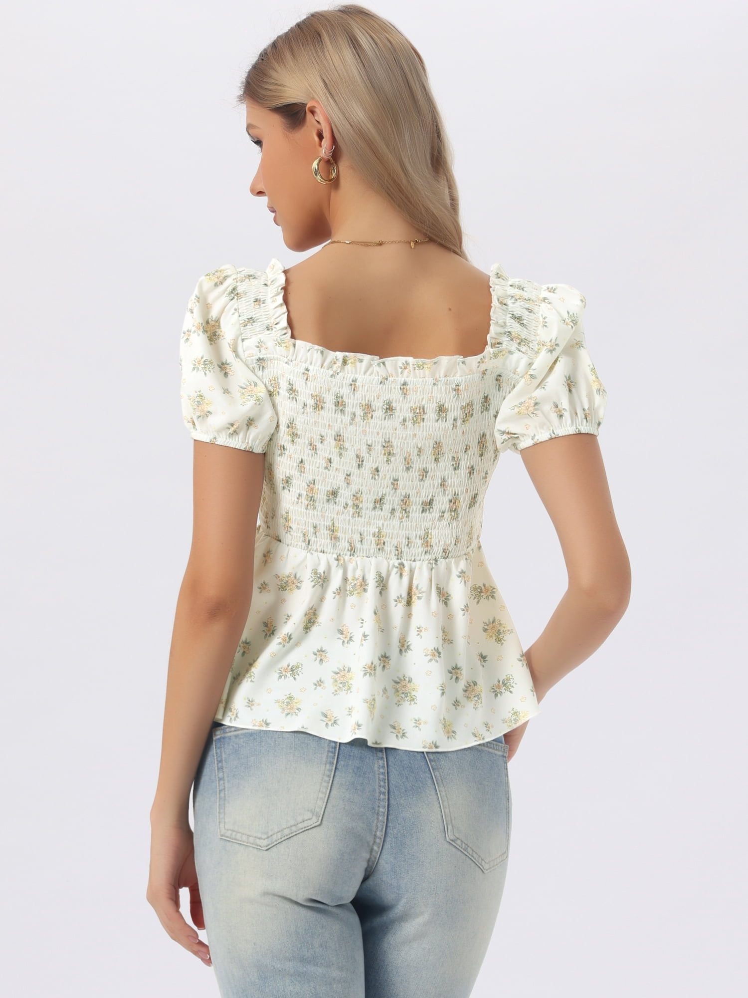 DARING DIVA Women's Puff Sleeve Floral Sweetheart Neck Ruffle Peplum Top M Beige
