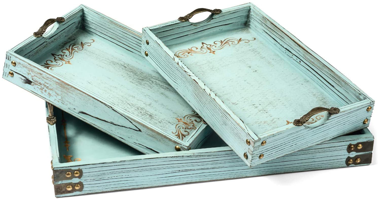 Coastal Decor Pattern Designed Modern 5th Vintage Aqua Blue Ottoman Wooden Serving Trays with Handles Set of 3 Decorative Tray