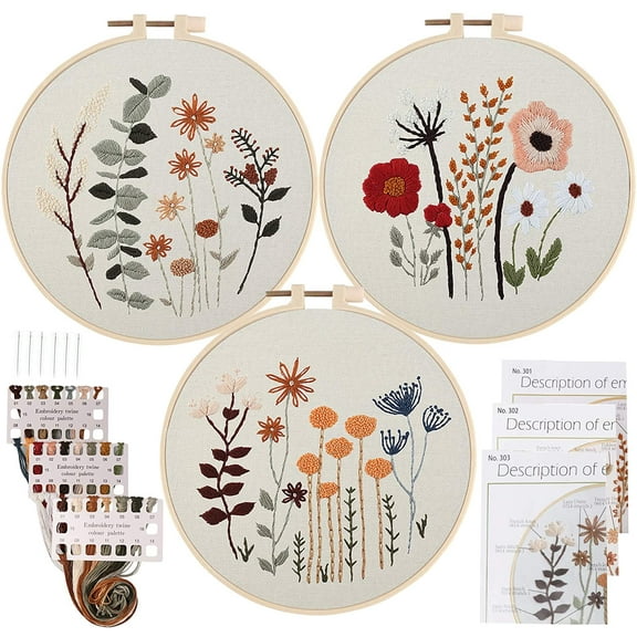 3 Pack Embroidery Starter Kit for Beginners Stamped Cross Stitch Kits with Cute Flowers and Plants Patterns with 1 Embroidery Hoop and Color Threads for Adults Kids