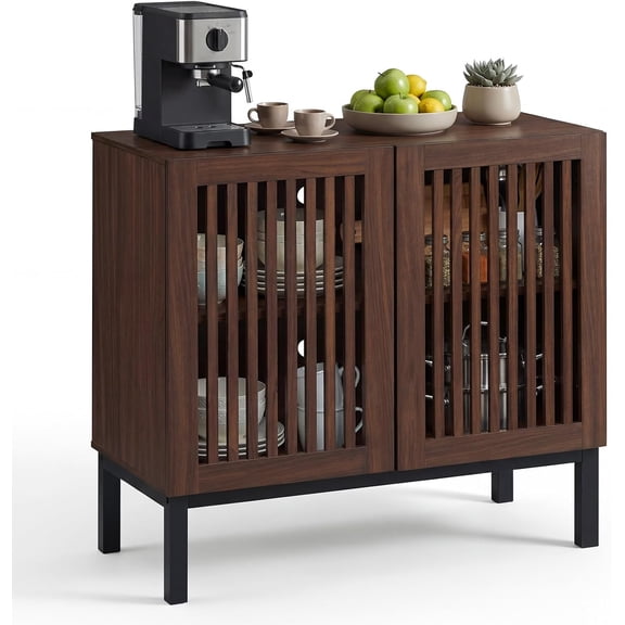 Sunshen Sideboard Buffet Cabinet, 32" Farmhouse Coffee Bar with Slatted Doors, Adjustable Shelf, Wooden Accent Storage Cabinet for Kitchen, Living Room, Entryway, Walnut