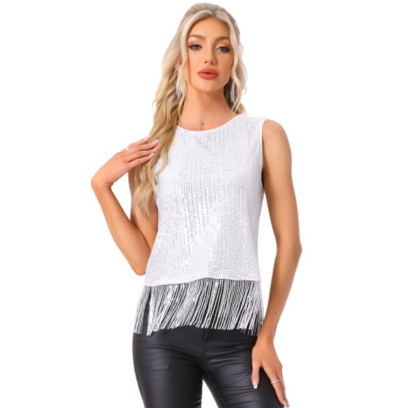 DARING DIVA Women's Fringe Hem Sleeveless Round Neck Tank Tops XS White