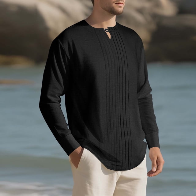 pstuiky camisa de manga larga para hombre, Camiseta deportiva informal de manga larga con botones y cuello redondo para hombre, color liso tops de invierno para hombre xl