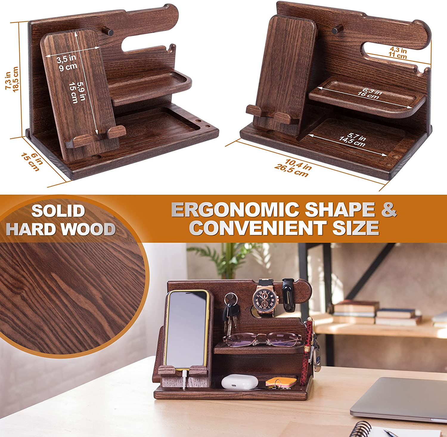 SONGAUN Gifts for Men Wood Phone Docking Station Desk Organizer Fathers gifts Gifts for him Xmas gift Anniversary Birthday presents Nightstand Key Wallet Stand for Men, Boyfriend, Dad