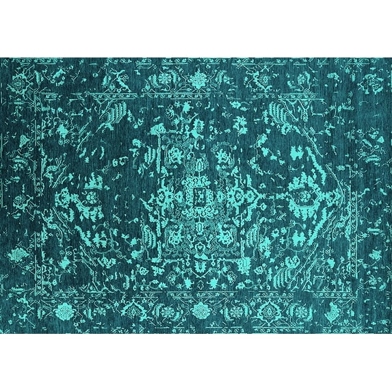 Ahgly Company Machine Washable Indoor Rectangle Oriental Turquoise Blue Industrial Area Rugs, 7' x 10'
