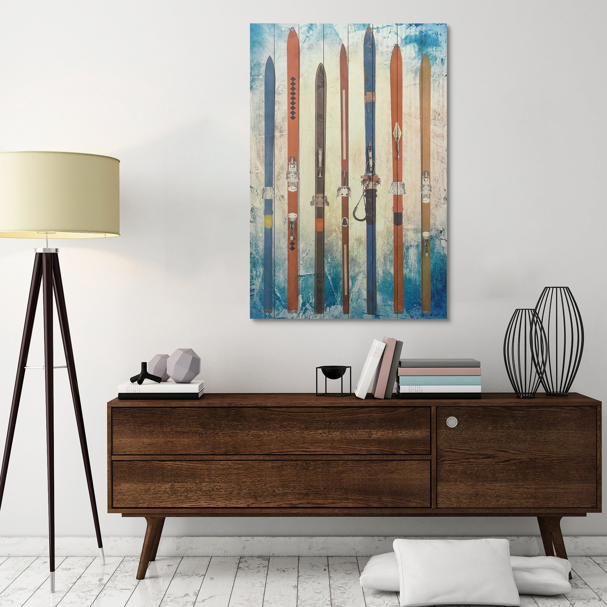 Empire Art Direct Colorful Retro Skis Wall Art Printed on Solid Fir Wood Planks White 30 x 45