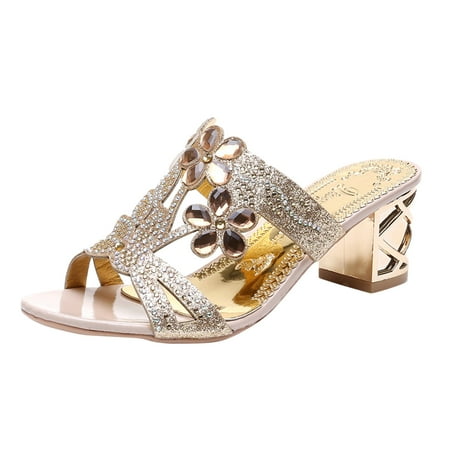

ZTTD Women s Fashion Rhinestone High Heel Fish Mouth Thick Heel Sandals and Slippers Gold
