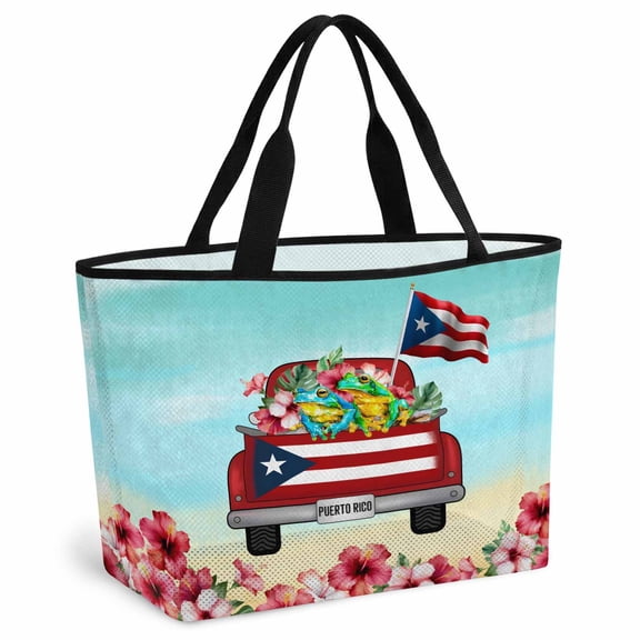 Puerto Rican Flag Beach Bag for Women,Large Breathable Mesh Beach Tote Bag,Vintage Country Truck Flowers Blue Beige Sandproof Lightweight Travel Bags for Vacation Picnic Pool 15.7"x15.7"x9.1"