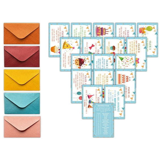 Birthday Quest Adventure Game - 18 Colorful Clue Cards for Indoor Scavenger Hunt Fun! Perfect for Kids, Adults, Teachers, and Families.