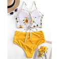 thumbnail image 3 of Traje de baño tankini de cintura alta fruncido con cordones y estampado de hojas para mujer, 3 of 5