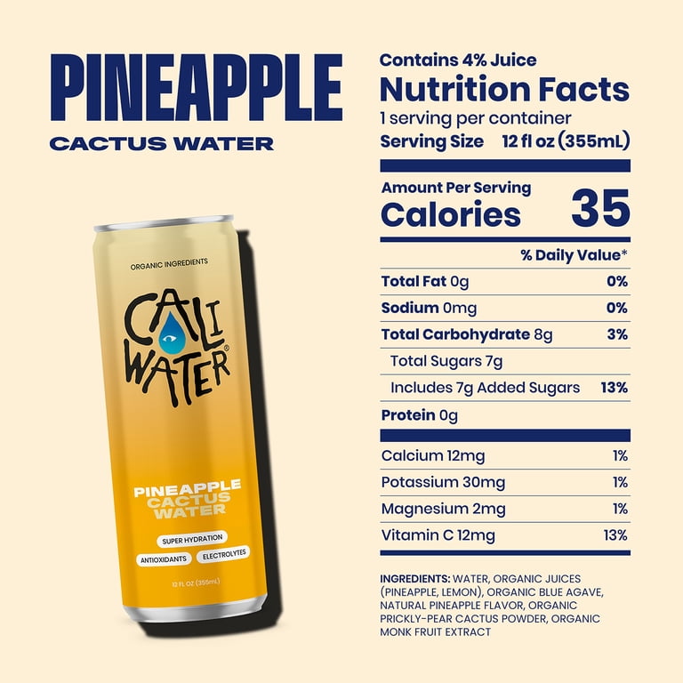 CALI WATER Organic Cactus Water Pineapple Flavored Electrolyte Drink 12oz  Can 7g Sugar 35 Calories Vegan - Walmart.com