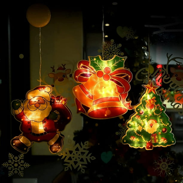 Luz de decoración navideña, 3 piezas de luz LED colgante para ventana con ventosa, funciona con pilas, campanas de árbol de Navidad, estrellas, luces de lanzamiento navideñas para decoración del