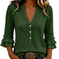 thumbnail image 2 of ClodeEU Women's V Neck 3/4 Sleeve Linen Blend Henley Button Blouse with Ruffle Cuffs ,Casual Loose Fit Vintage Top Green,Women's Plus XXL, 2 of 7