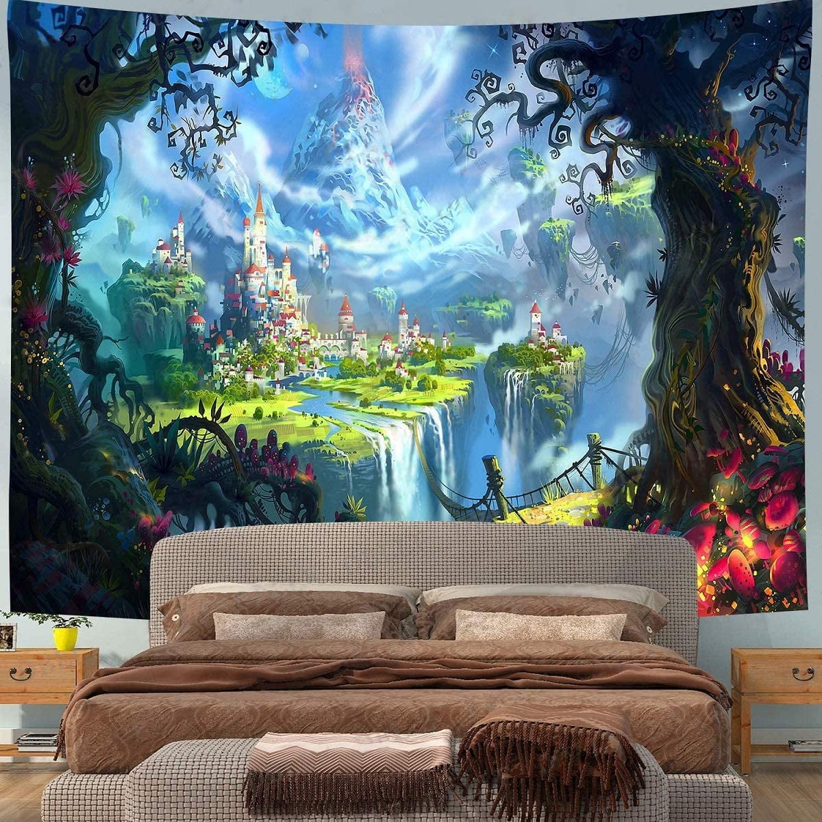 Forest Castle Wall Hanging, Psychedelic Fantasy Tapestry Fairy