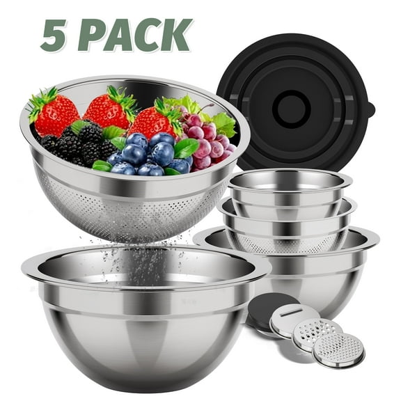 Laoyebaoho Mixing Bowls with Lids, 5 Pcs Stainless Steel Bowls Set with Graters,Salads Mixing Bowl Set with Strainer for Kitchen, Baking, Serving