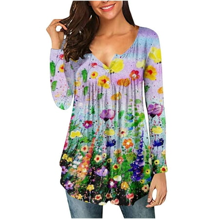 

Ziloco Women s Fashion Printed Loose T-shirt Long Sleeves Blouse Round Neck Casual Tops cropped long sleeve tops for women maternity tops Multi-color XL