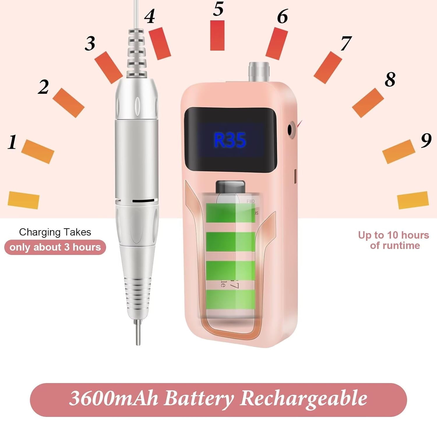 Portable Nail Drill Professional PedicureRechargeable 35000 RPM Nail File Machine Acrylic Nails Polishing Tools with Bits LED Display for Home Salon Manicure