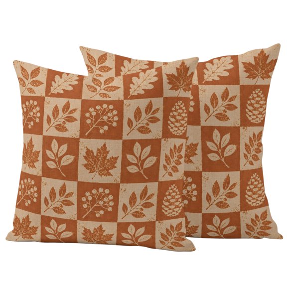 Maple Leaves Fall Outdoor Waterproof Pillow Covers, Botanical Thanksgiving Checkered Decorative Square Throw Pillowcase Sofa Cushion Sham for Patio/Couch/Chair, 16"x16" 2 Pack