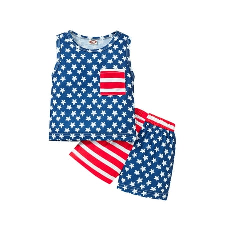 

Maemukilabe Newborn Baby Boys Girls Independence Day Outfits Stars Print Horizontal Stripes Sleeveless Vest Shorts Blue 6-12 Months