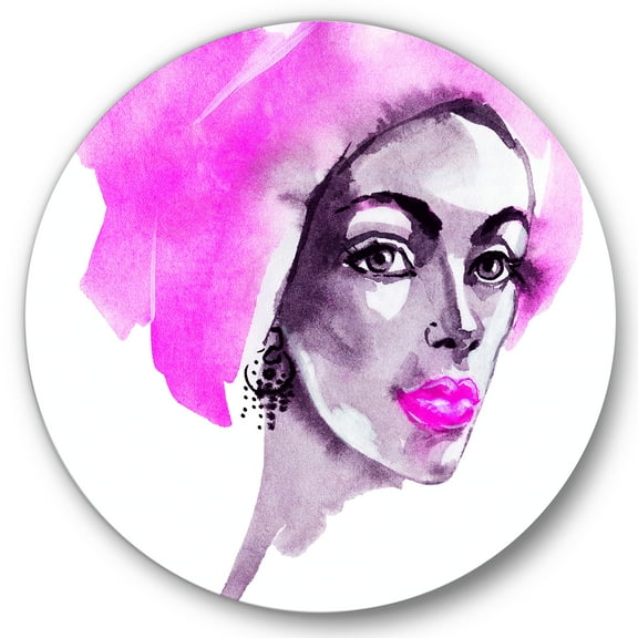 Designart 'Afro American Pink Woman Fashion Portrait' Modern Circle Metal Wall Art 36x36 - Disc of 36