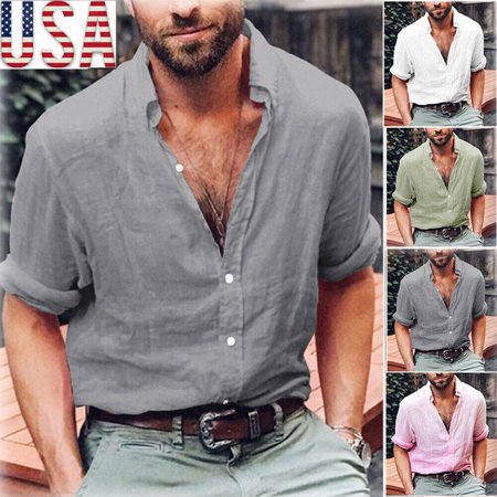 Mens Long Sleeve Shirt Cotton Linen Beach Loose Fit Tops Blouse V Neck Pullover