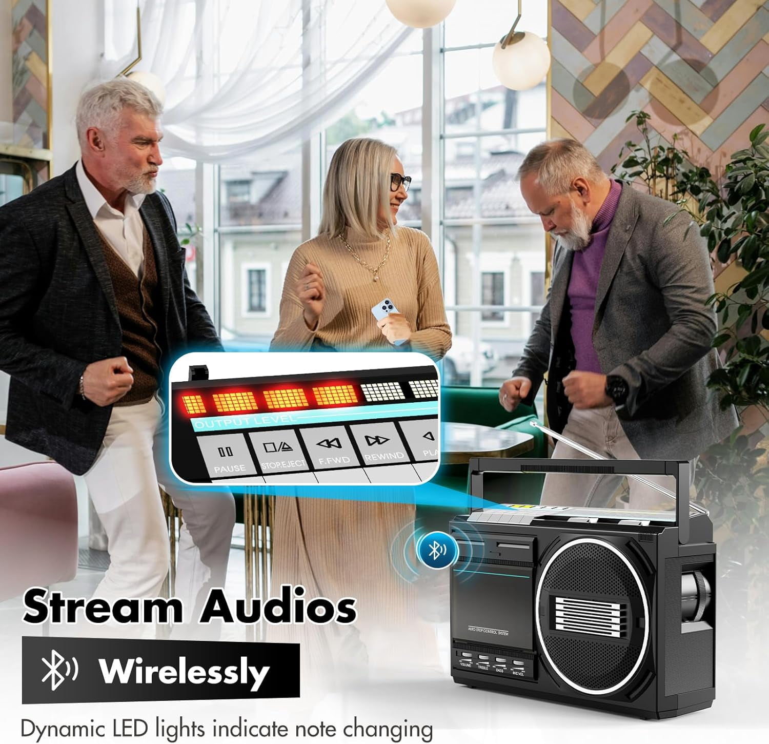 Portable Boombox Cassette Player Combo with Bluetooth,Retro Radio FM/AM/SW,Tape/USB Converter,Earphone Jack,Sound Amplifier,DC/AC Powered,Built-in MIC for Voice Recording,Great Gift for Seniors Kids