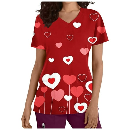 

Valentine s Day Scrub_Tops for Women Breathable Graphic Short Sleeve V-Neck Nursing Uniforms Women Working Shirt with Pockets