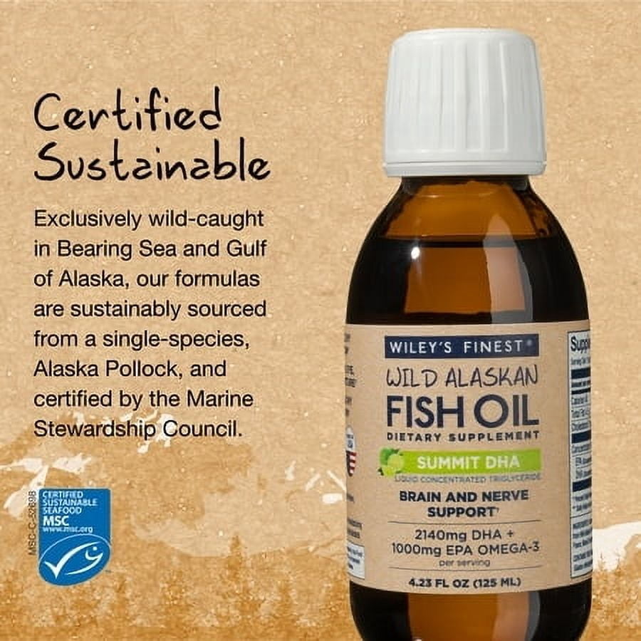 Wiley’s Finest Wild Alaskan Fish Oil Summit DHA Liquid - 2140mg of DHA and 460mg of EPA Omega-3s - Citrus Flavored Liquid Supplement - 4.23 Oz (25 Servings)